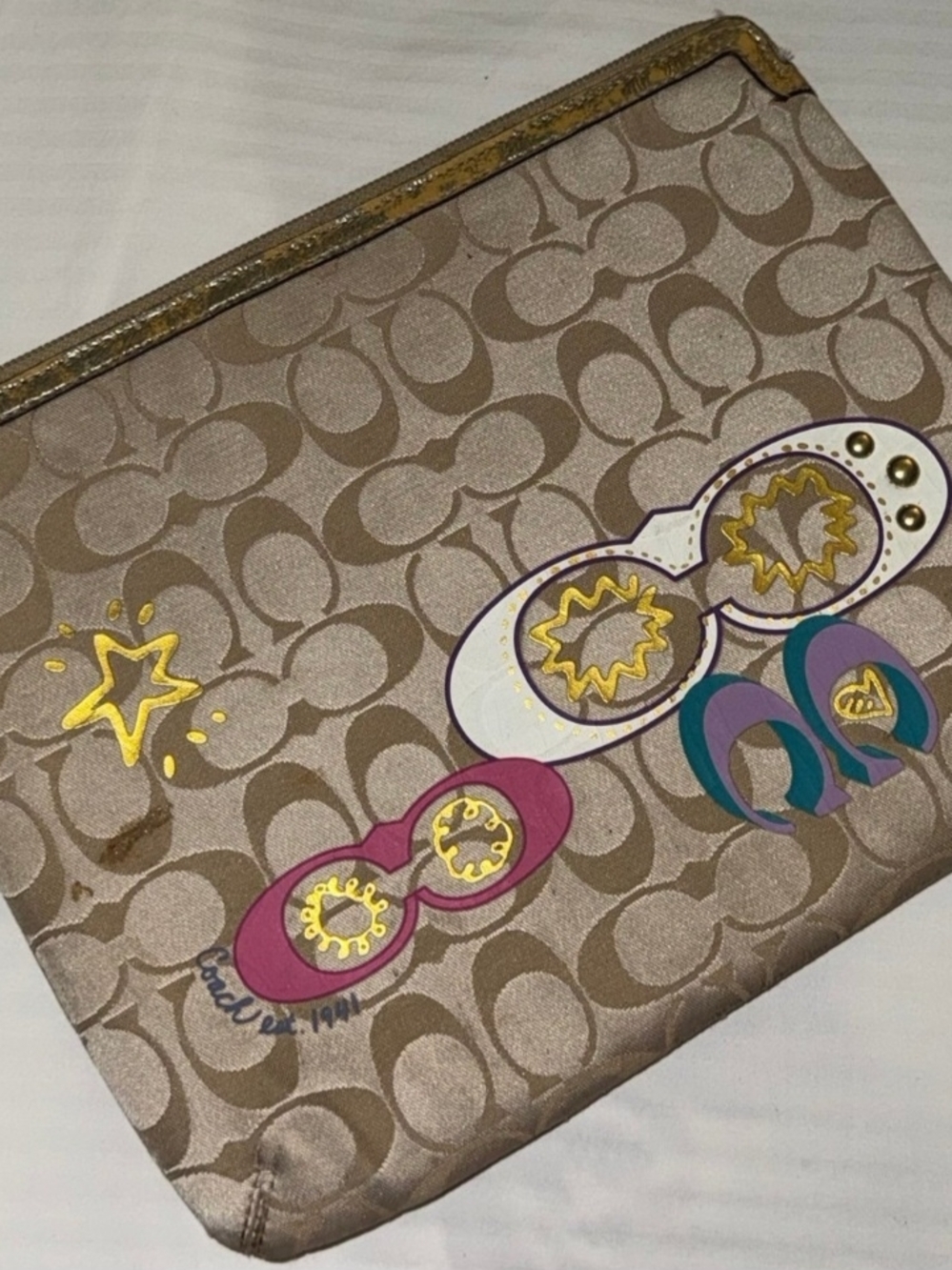 Coach Tan Signature Canvas Pouch with Gold, Pink and Teal Accents